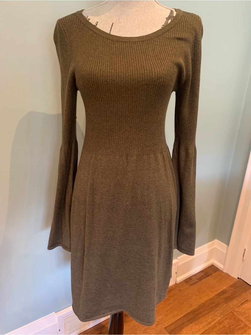 American Eagle Outfitters Olive Knit Long Sleeve Fit-and-Flare Dress